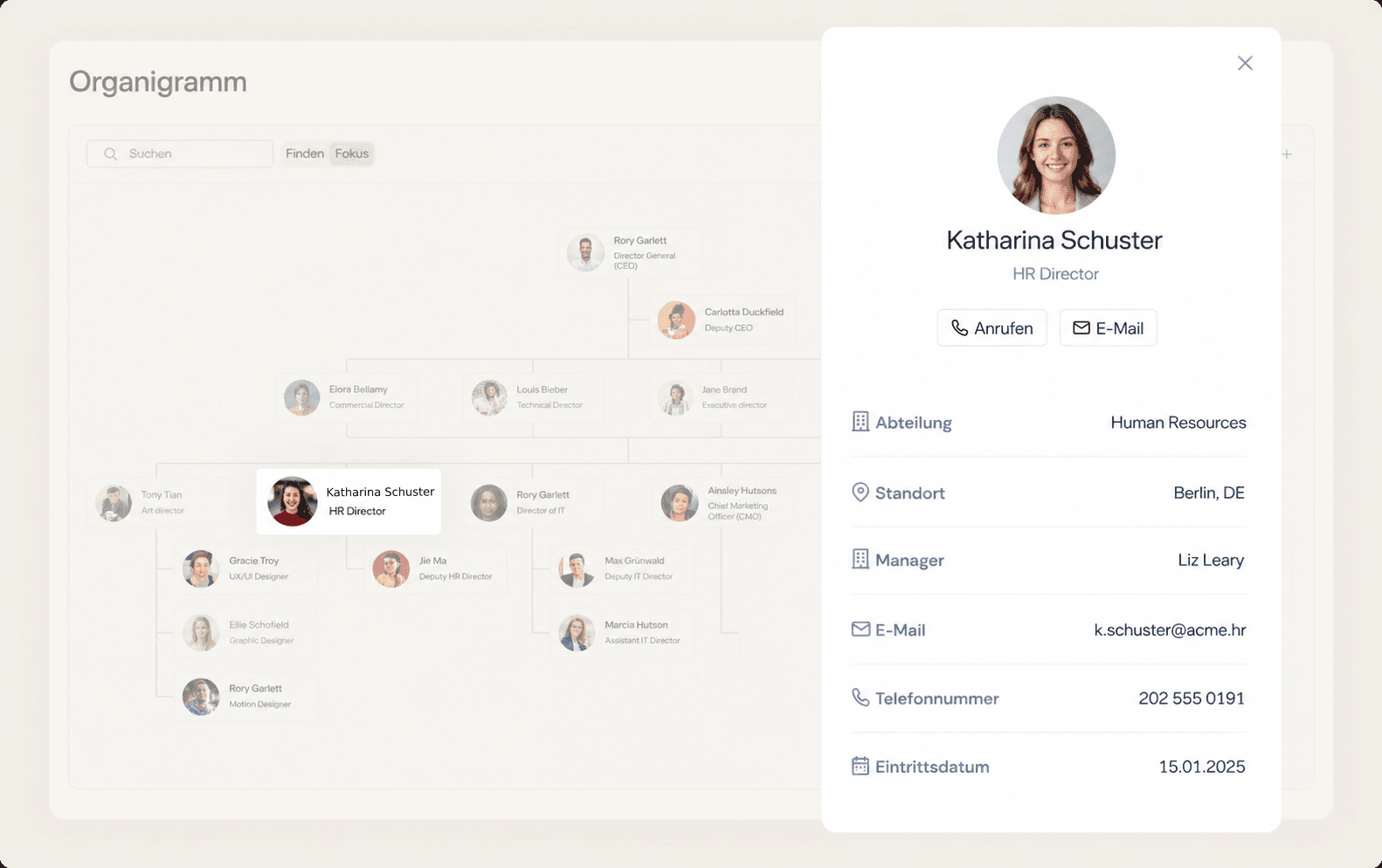 Digital organizational chart displaying Katharina Schuster's profile as HR Director, with contact details.