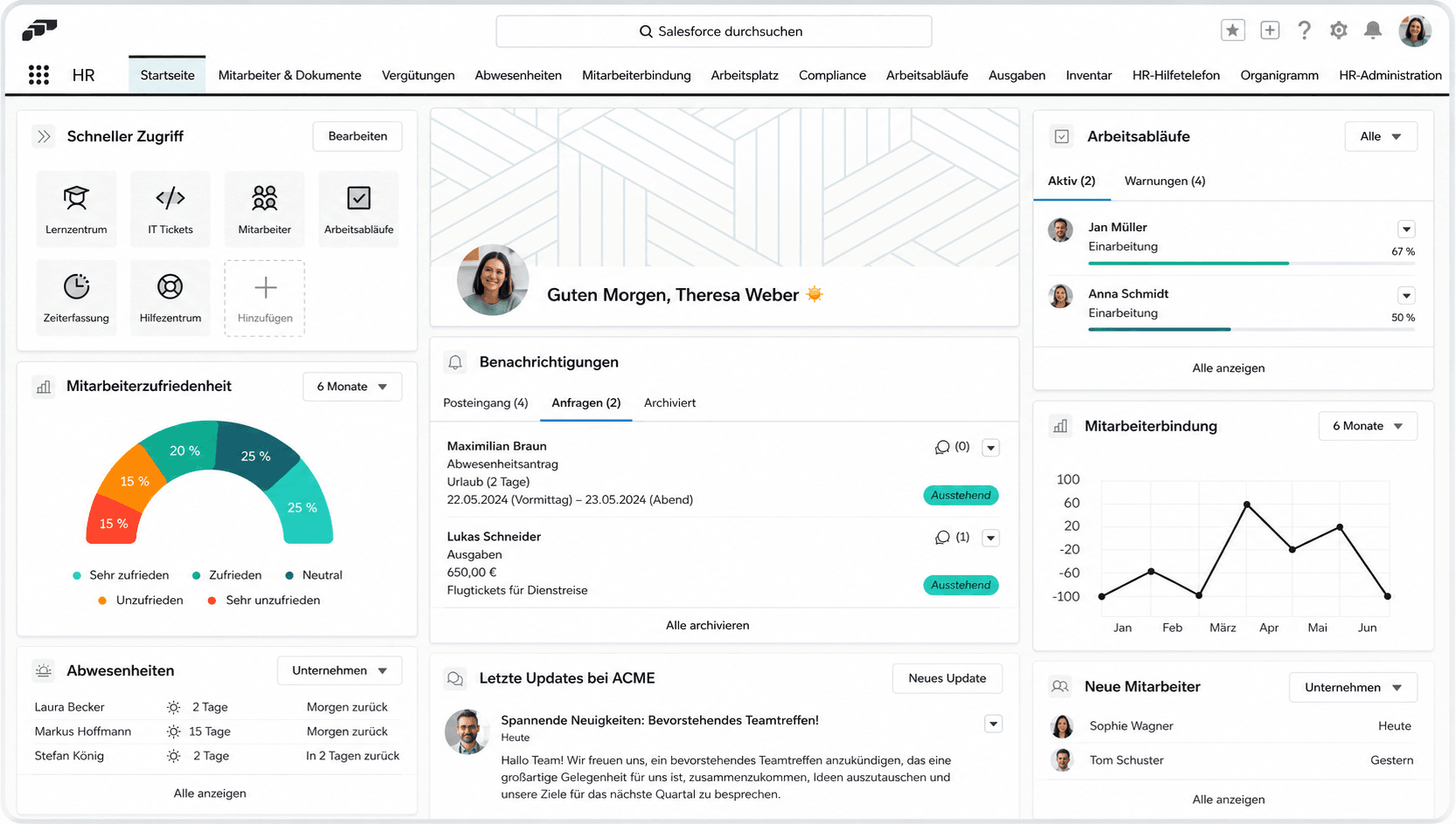 Modern HR dashboard displaying employee data, charts, notifications, and updates for efficient management.