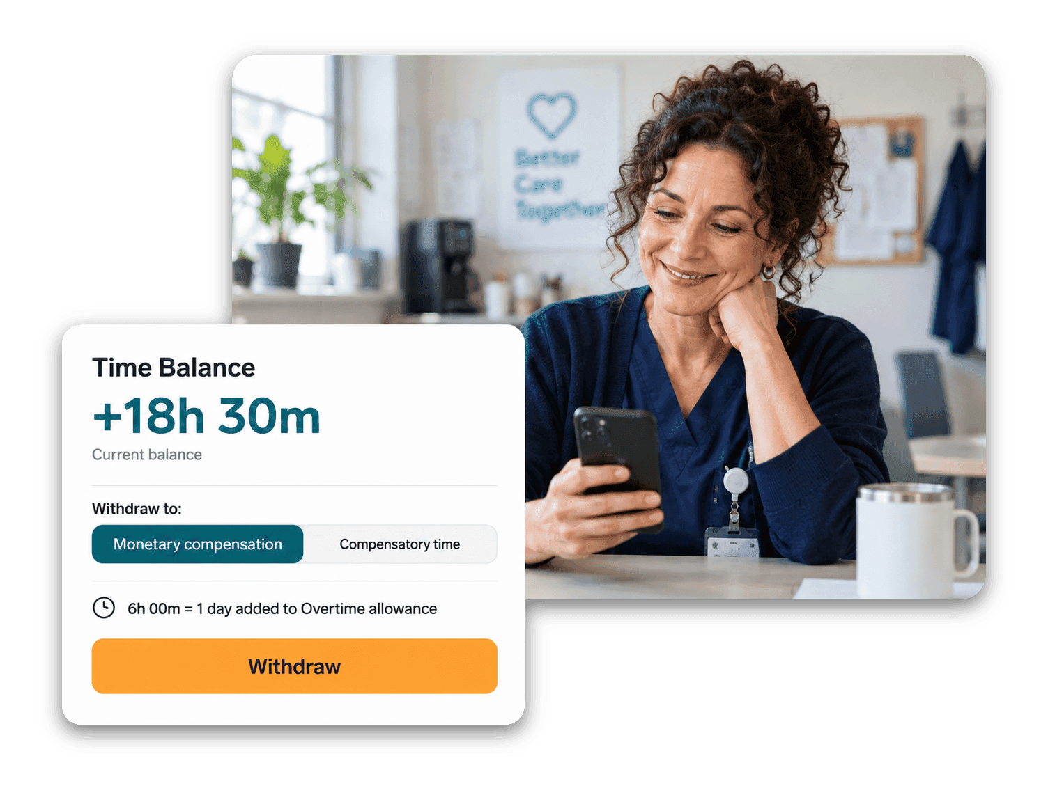 Employee Hub time balance card with a withdrawal to monetary compensation