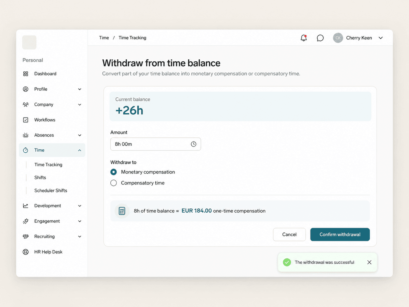 Time balance withdrawal dialog in the Employee Hub