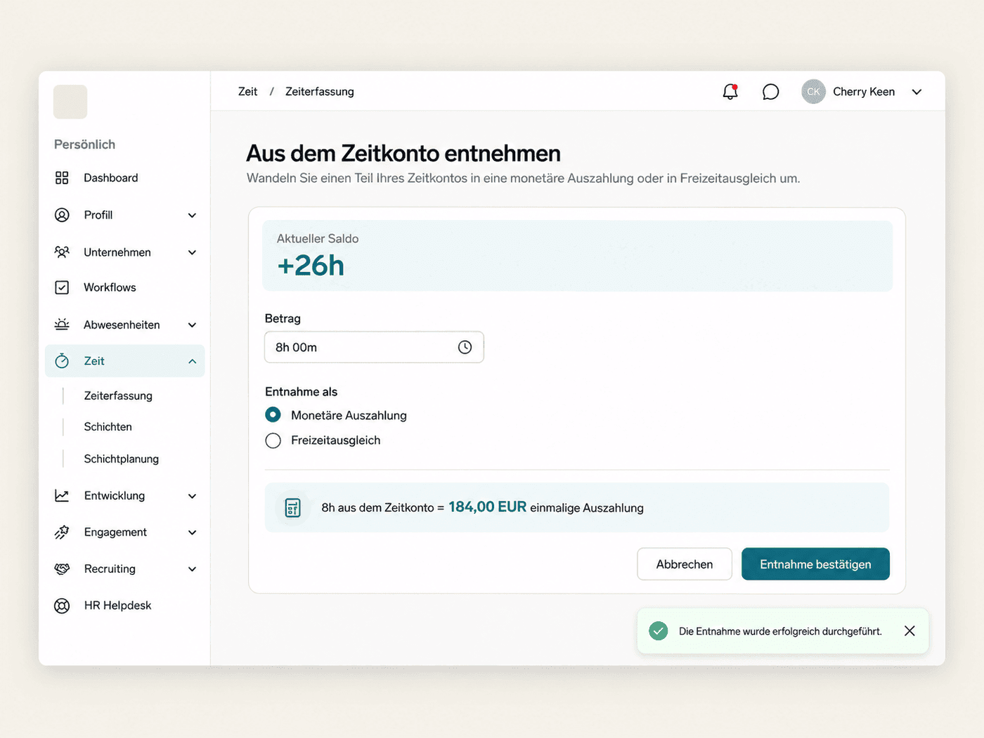 Dialog zum Abbuchen vom Zeitkonto im Employee Hub