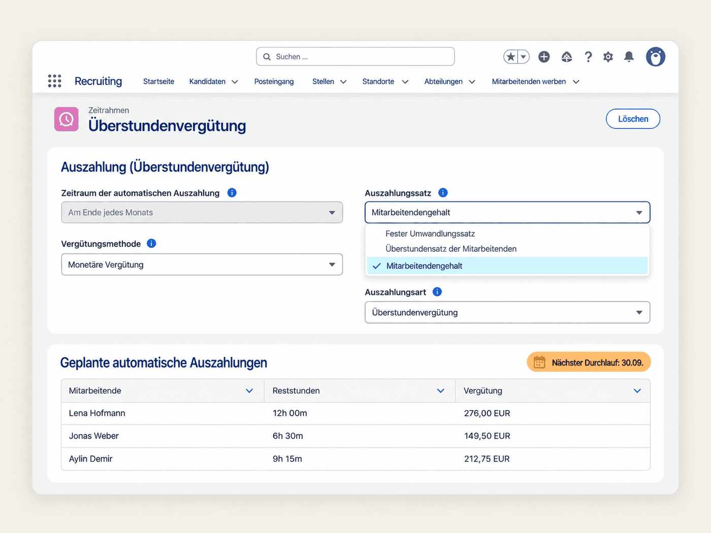 Ausgleichseinstellungen im Time Framework mit Vergütungsmethode und Auszahlungssatz