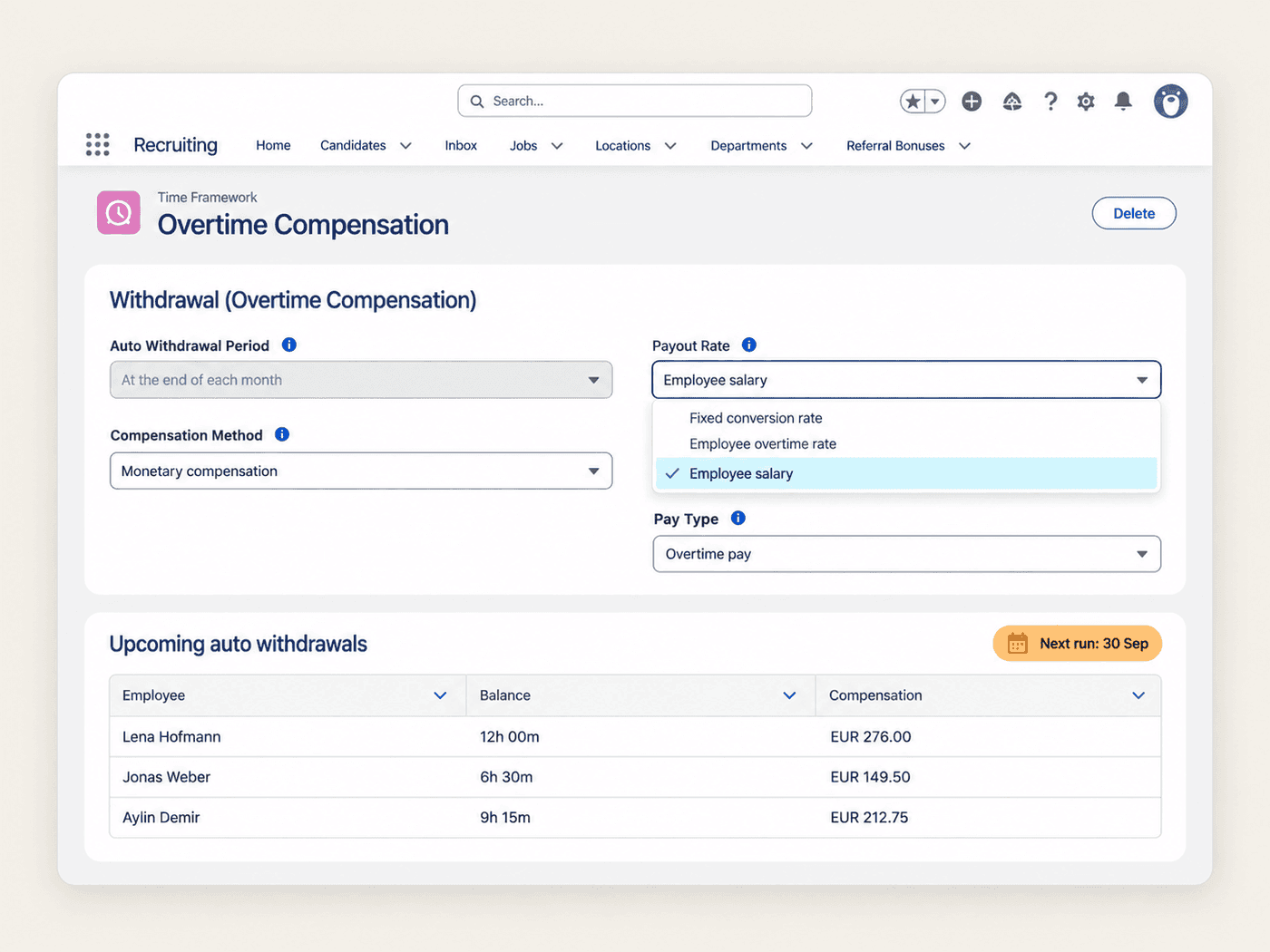 Time Framework withdrawal settings with compensation method and payout rate