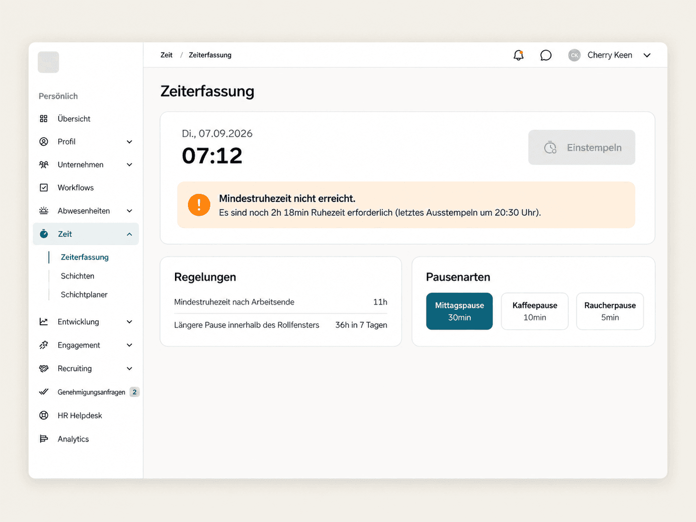 Blockierte Einstempelung wegen Mindestruhezeit mit verbleibender Ruhezeit