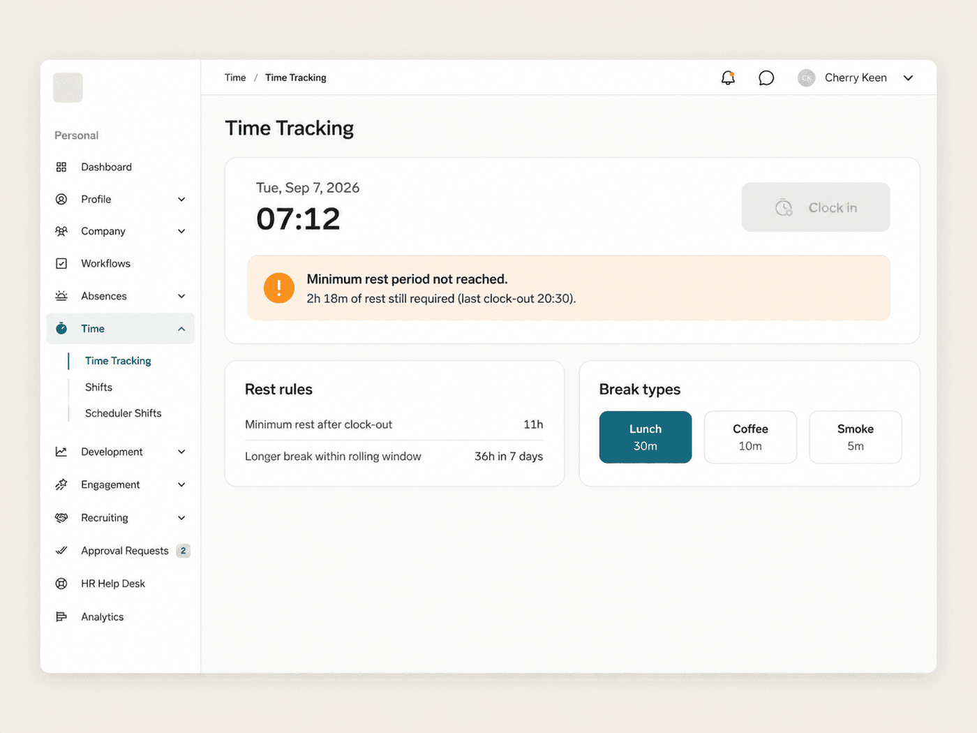 Clock-in blocked by a minimum rest period, with the remaining rest time
