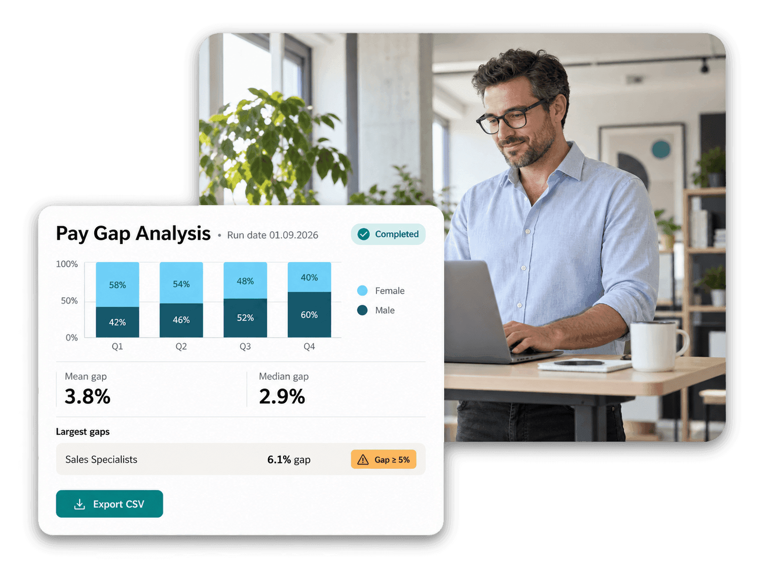 HR manager reviewing a pay gap analysis by pay quartile in flair