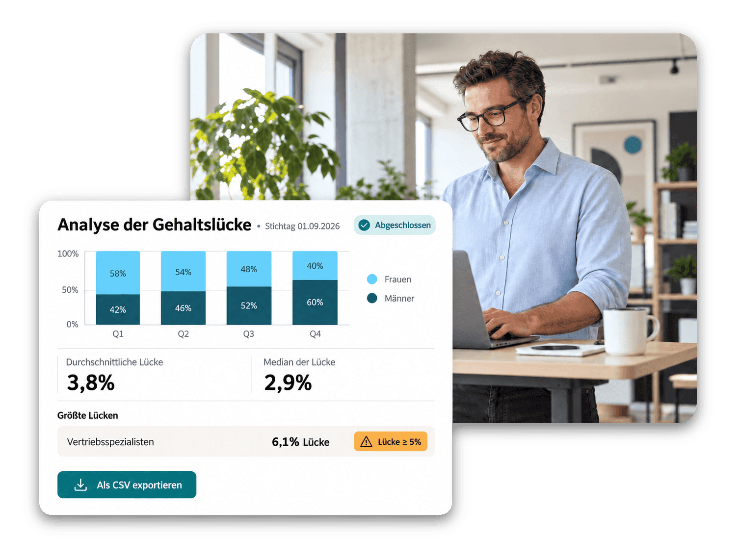 HR-Managerin prüft eine Entgeltanalyse nach Entgeltquartilen in flair