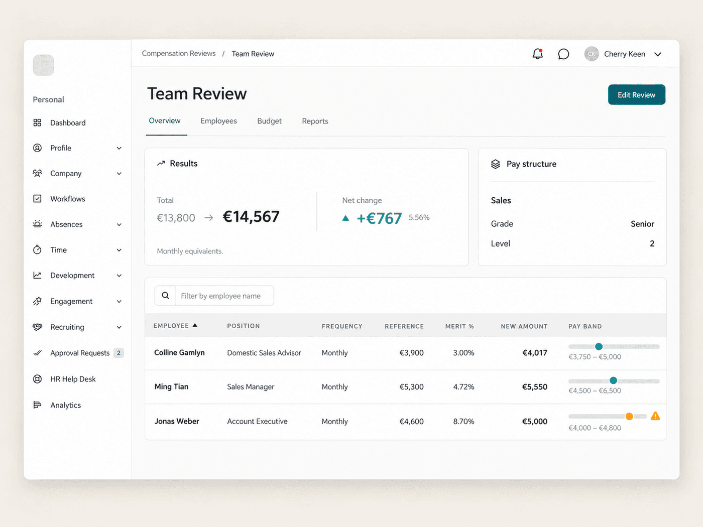 Compensation review table with pay-band indicators per employee