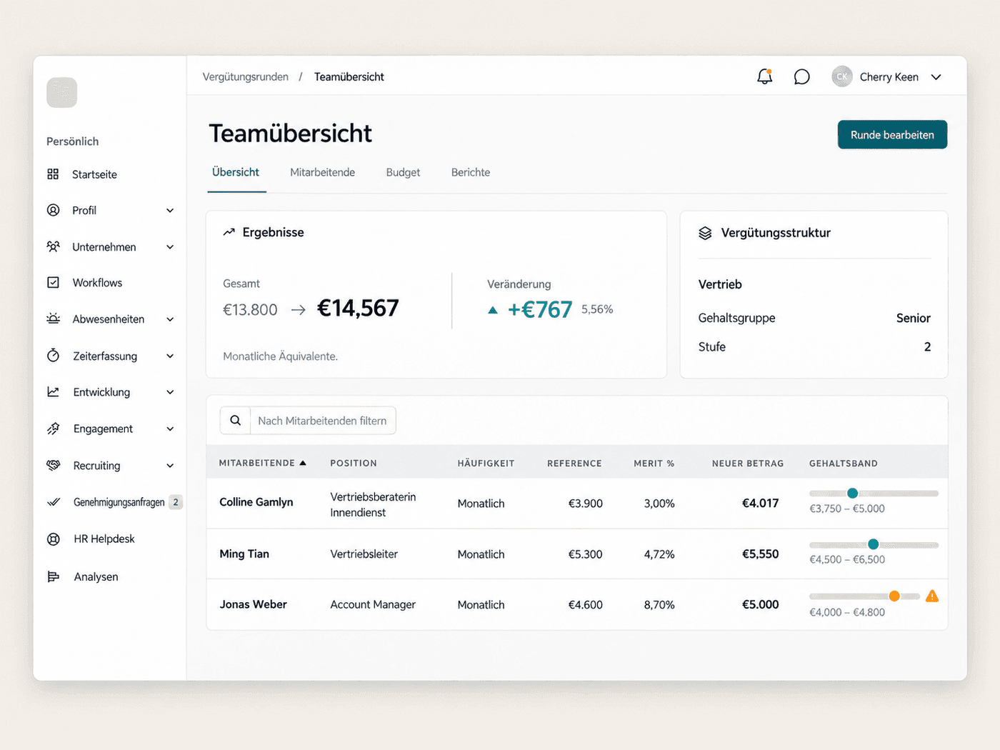 Lohnrunden-Tabelle mit Gehaltsband-Indikator pro Mitarbeitendem