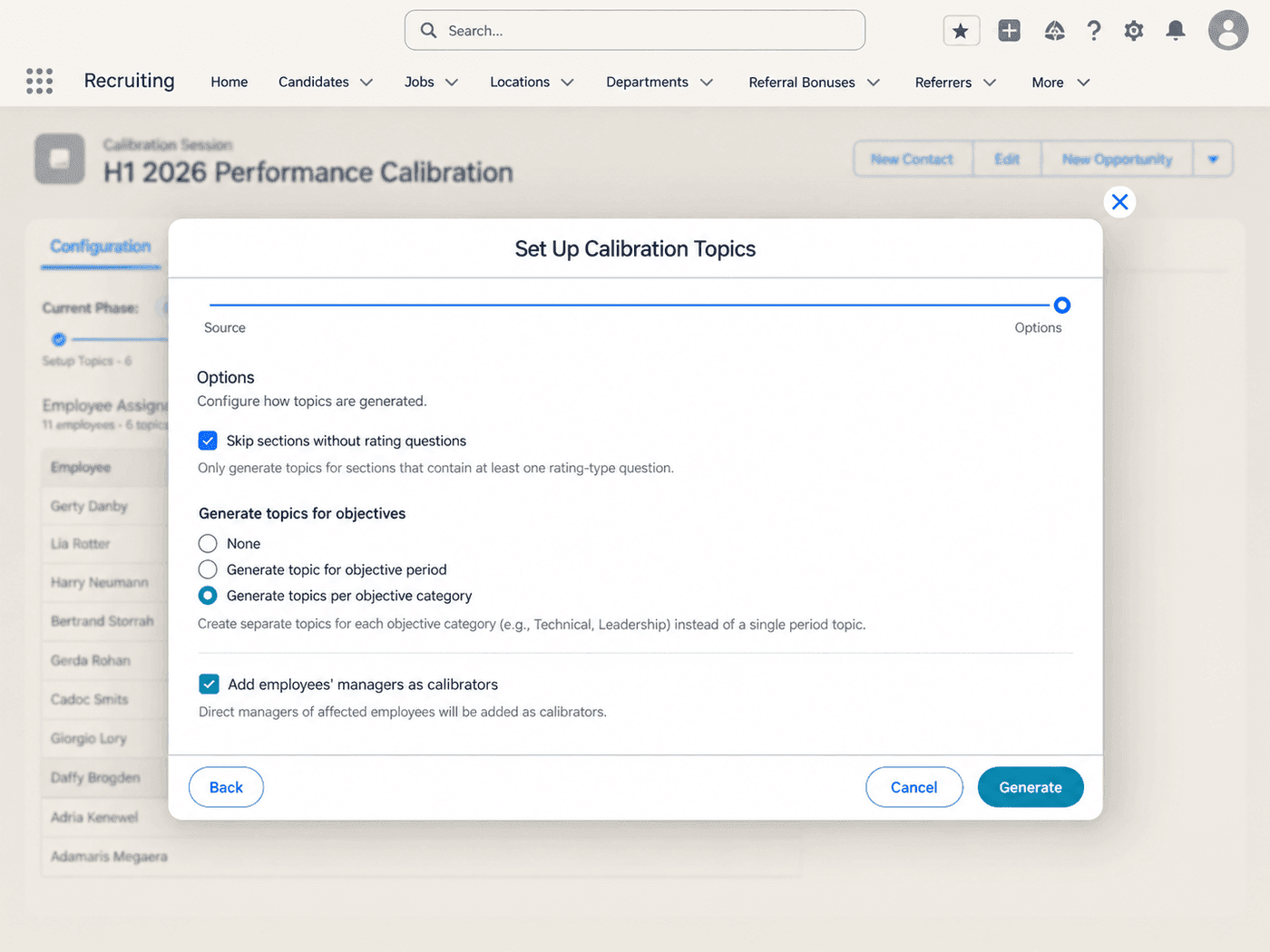 Setting up calibration topics from a performance review and objective categories in flair