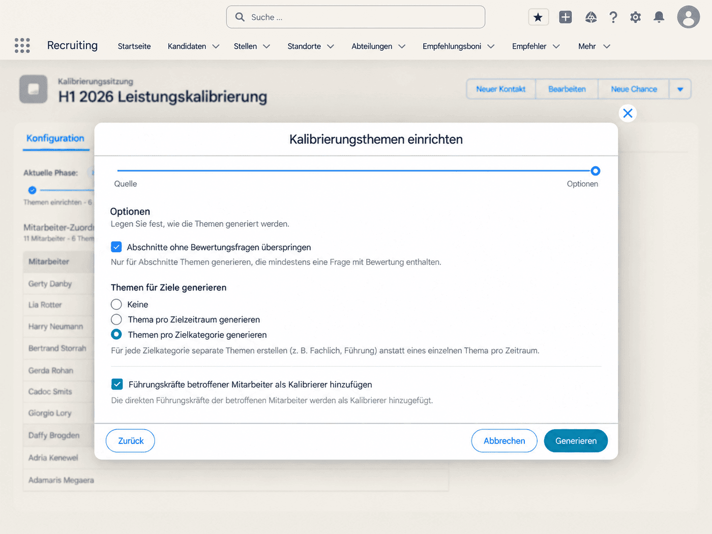 Einrichtung von Kalibrierungsthemen aus einem Mitarbeitergespräch und Zielkategorien in flair