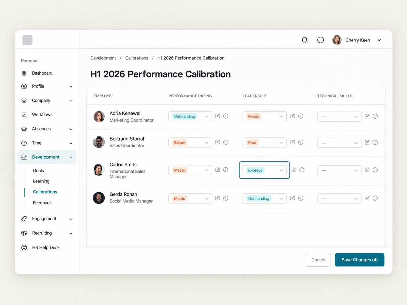 Calibration grid in the flair Employee Hub with color-coded ratings per employee and topic