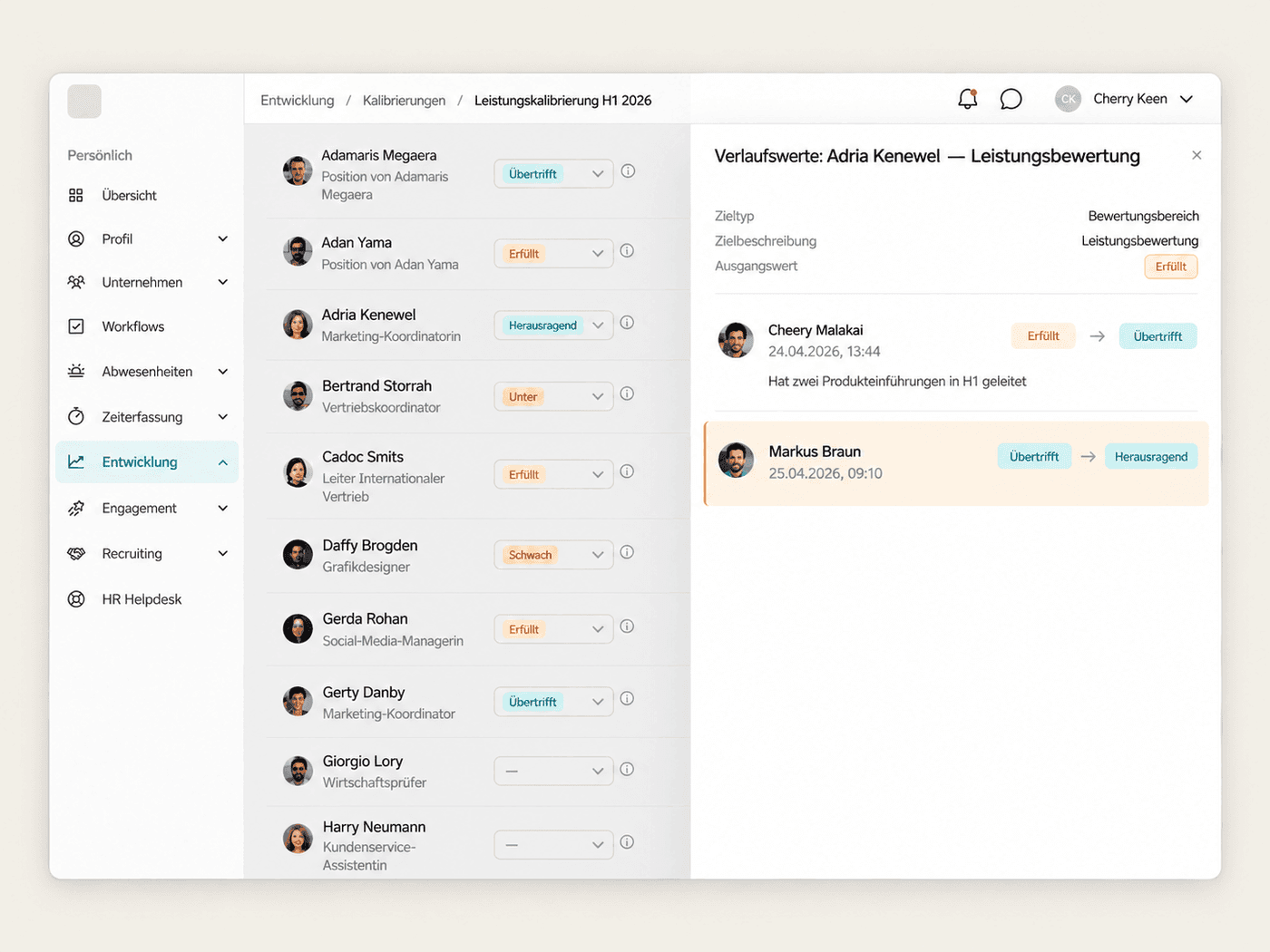 Seitenleiste mit Bewertungshistorie in flair mit Ausgangswert und allen Änderungen