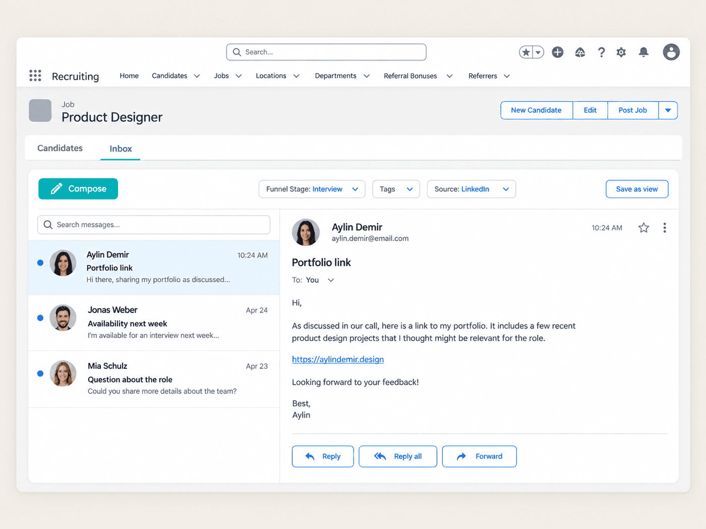 Recruiting Inbox in Salesforce with a candidate email thread and reply actions
