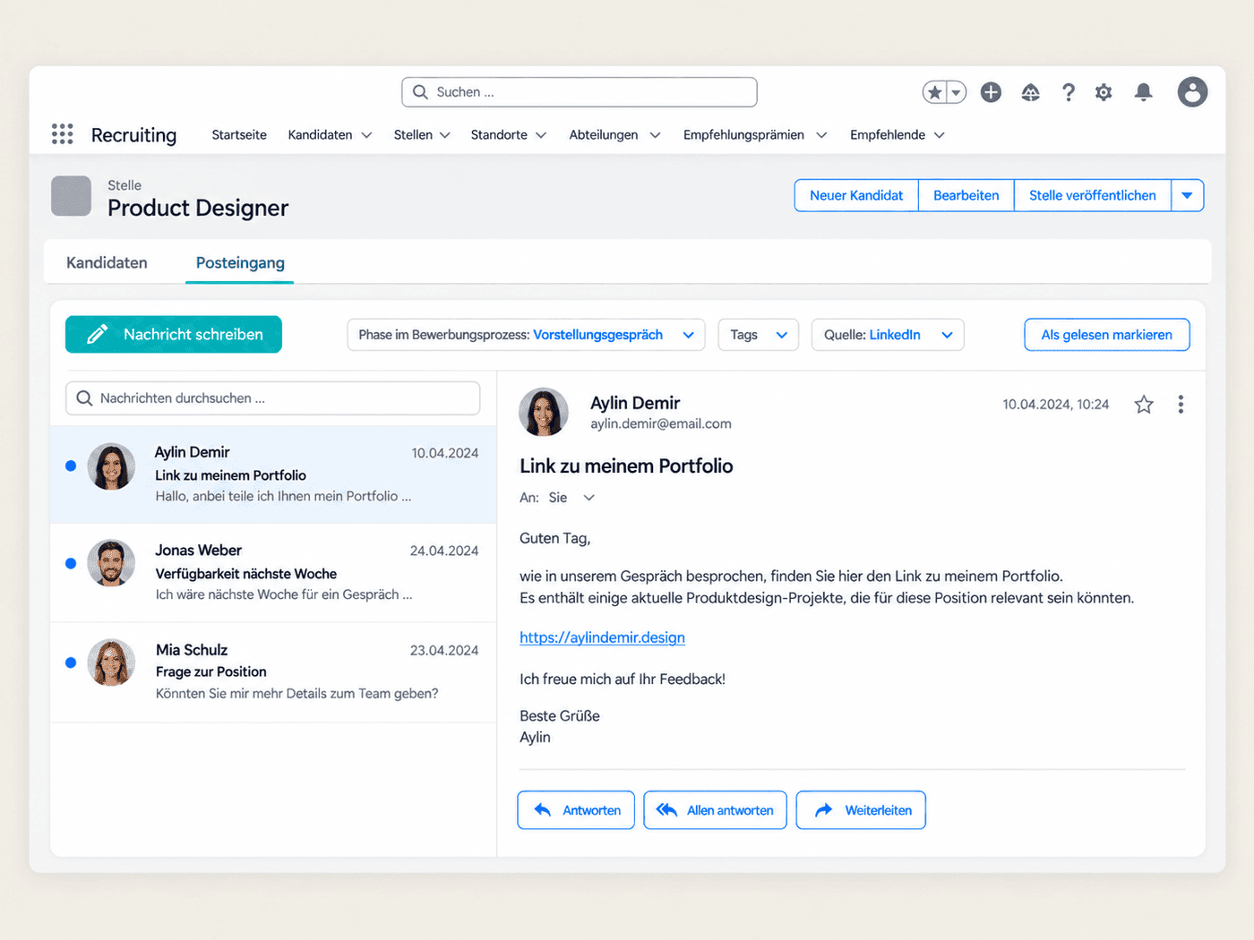 Recruiting-Postfach in Salesforce mit Bewerber-E-Mail-Verlauf und Antwortoptionen