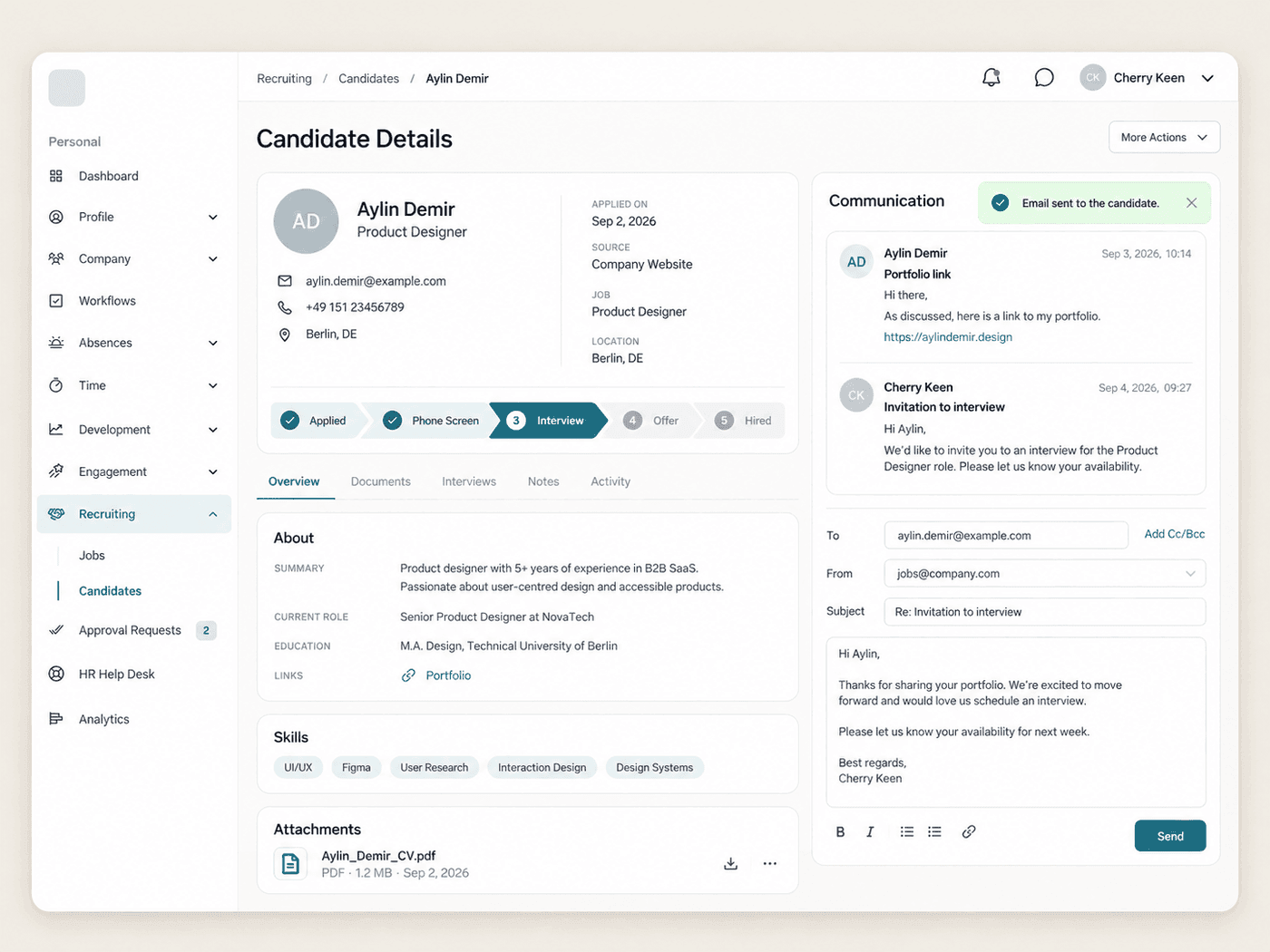 Candidate conversation panel in the Employee Hub with a reply composer
