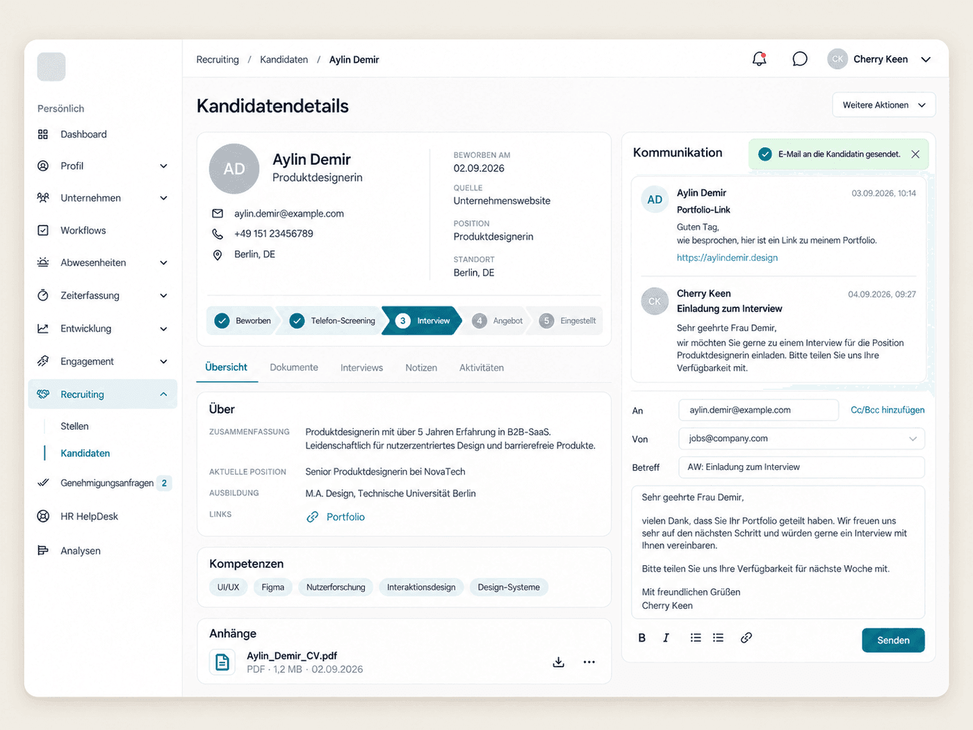 Bewerberkommunikation im Employee Hub mit Antwortfeld