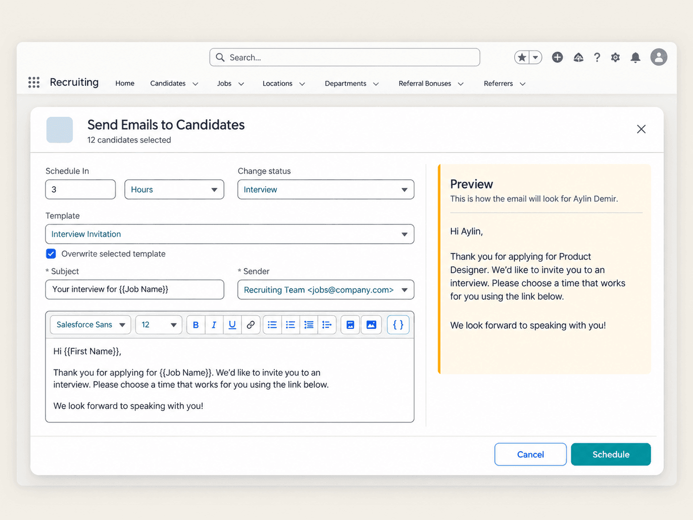 Send Emails to Candidates dialog with template, schedule and preview