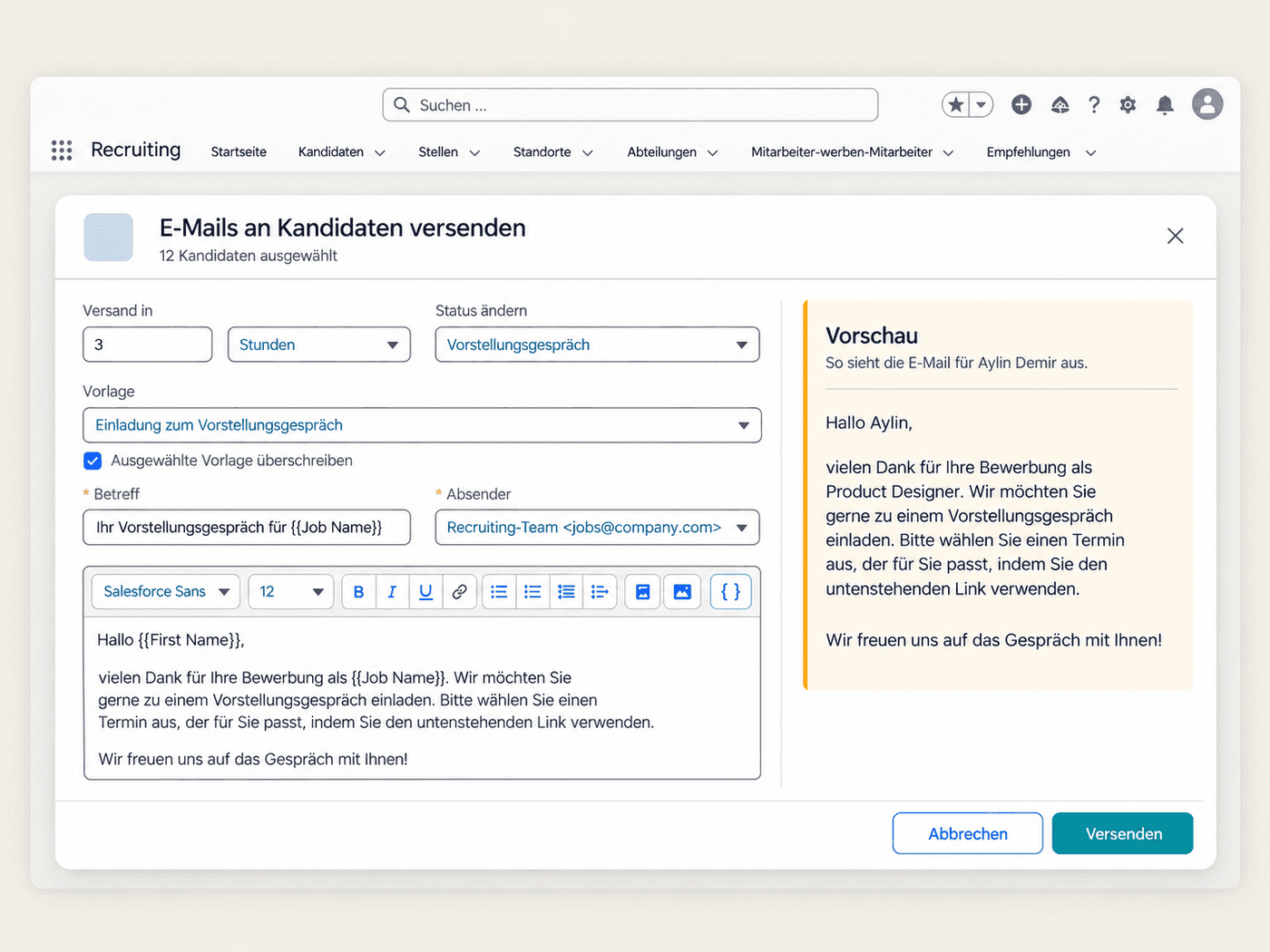 Dialog zum Versand von E-Mails an Bewerbende mit Vorlage, Zeitplan und Vorschau