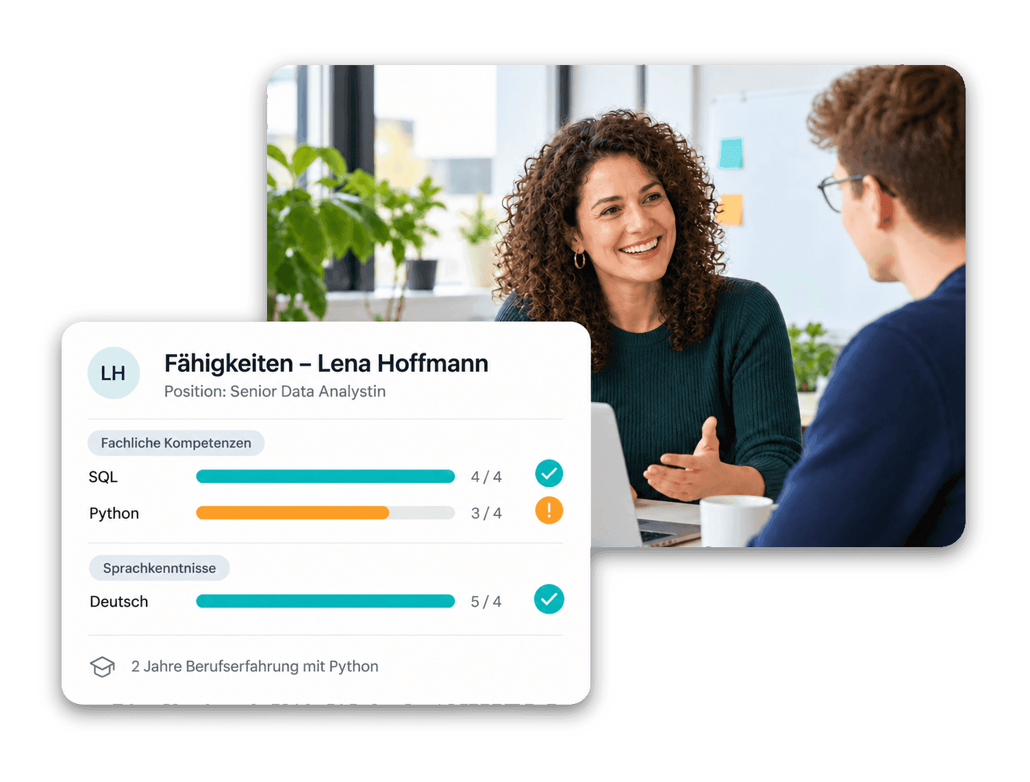 Mitarbeiterprofil mit bewerteten Skills nach Kategorie und Abgleich mit dem Soll-Level