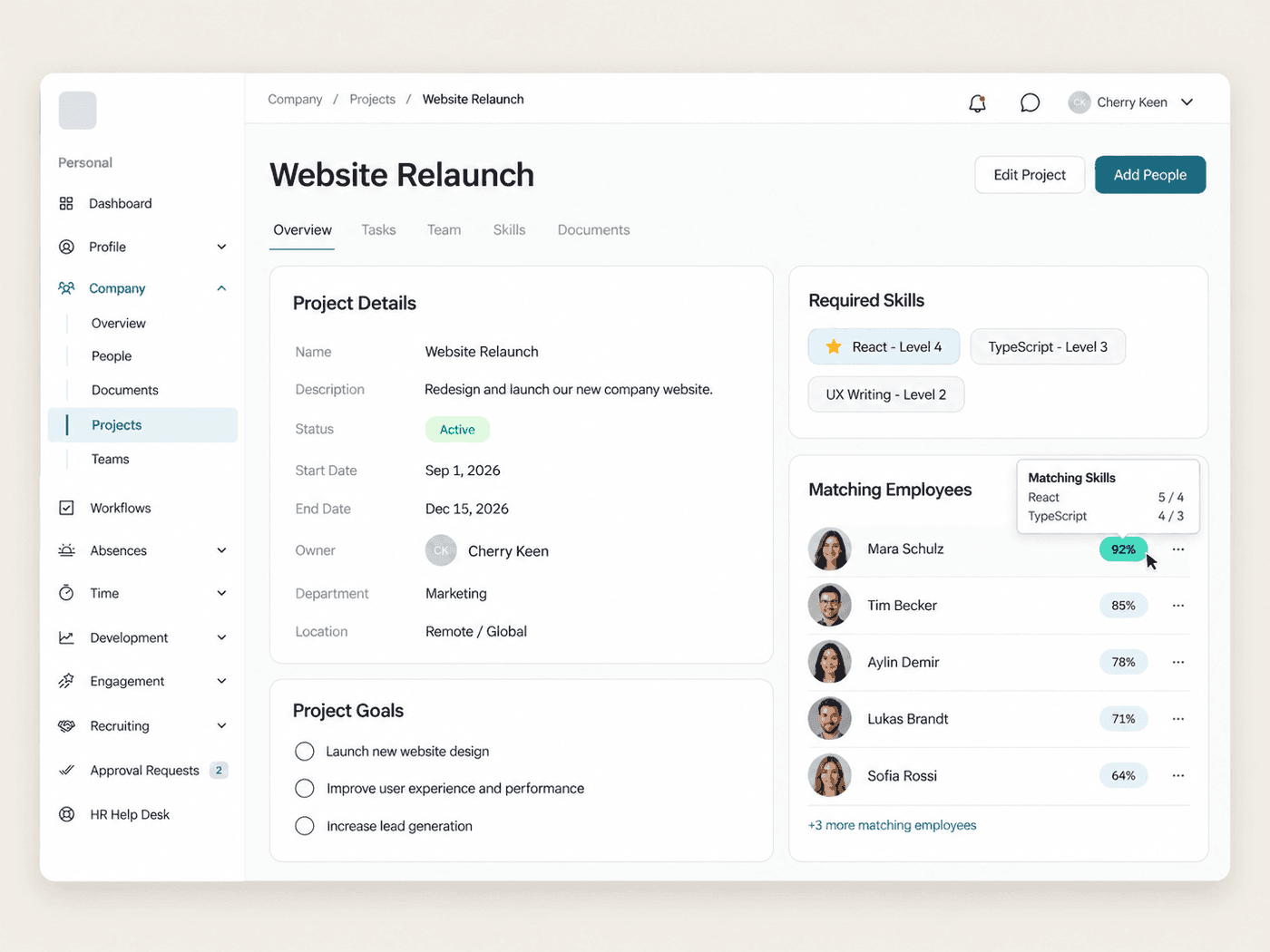 Project detail with required skills and a ranked list of matching employees with match percentages
