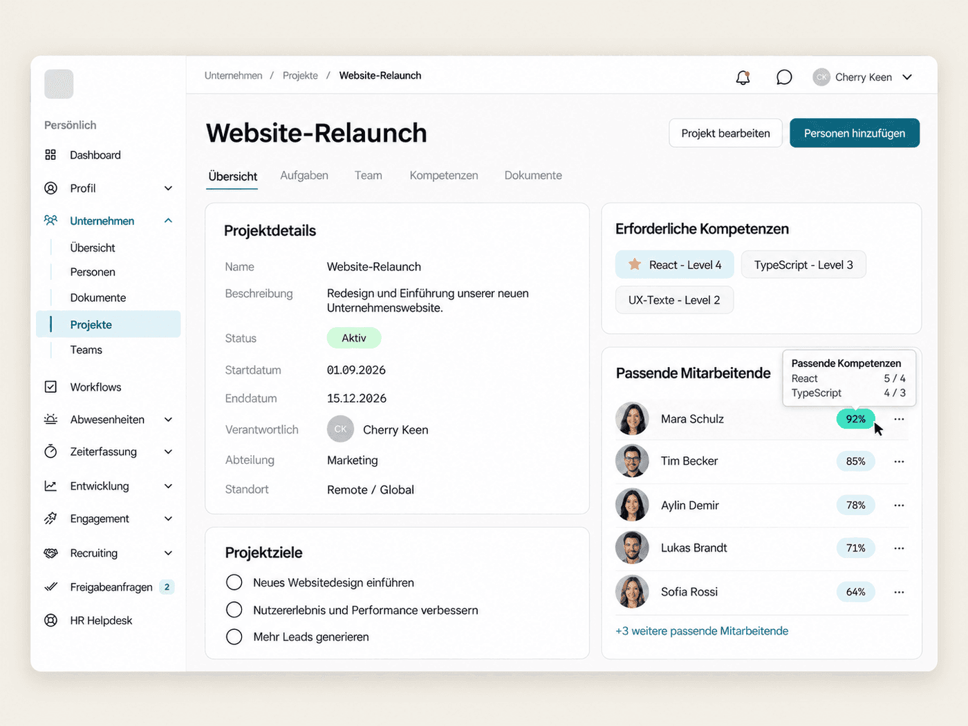 Projektansicht mit benötigten Skills und einer Rangliste passender Mitarbeitender mit Prozentwerten