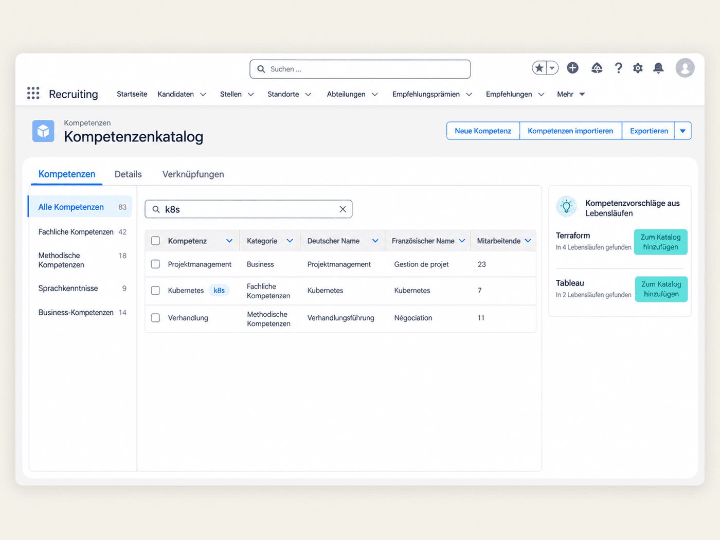 Skill-Katalog mit Kategorien, übersetzten Skill-Namen und Skill-Vorschlägen aus Lebensläufen