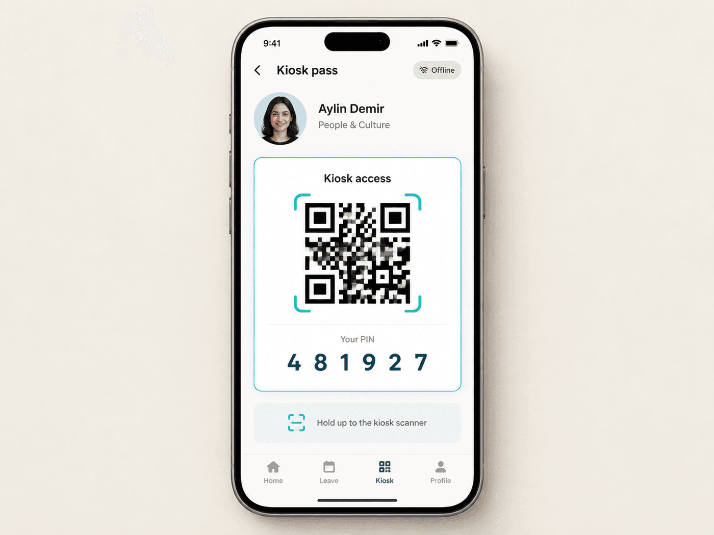 Kiosk pass in the flair mobile app with QR code and PIN
