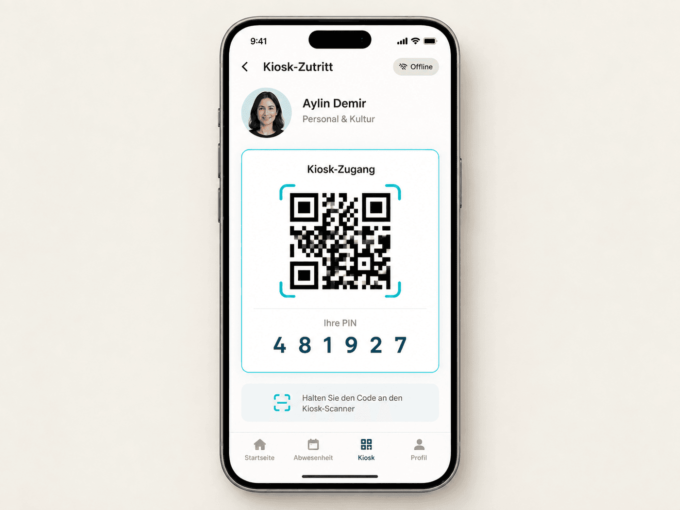 Kiosk-Pass in der flair App mit QR-Code und PIN