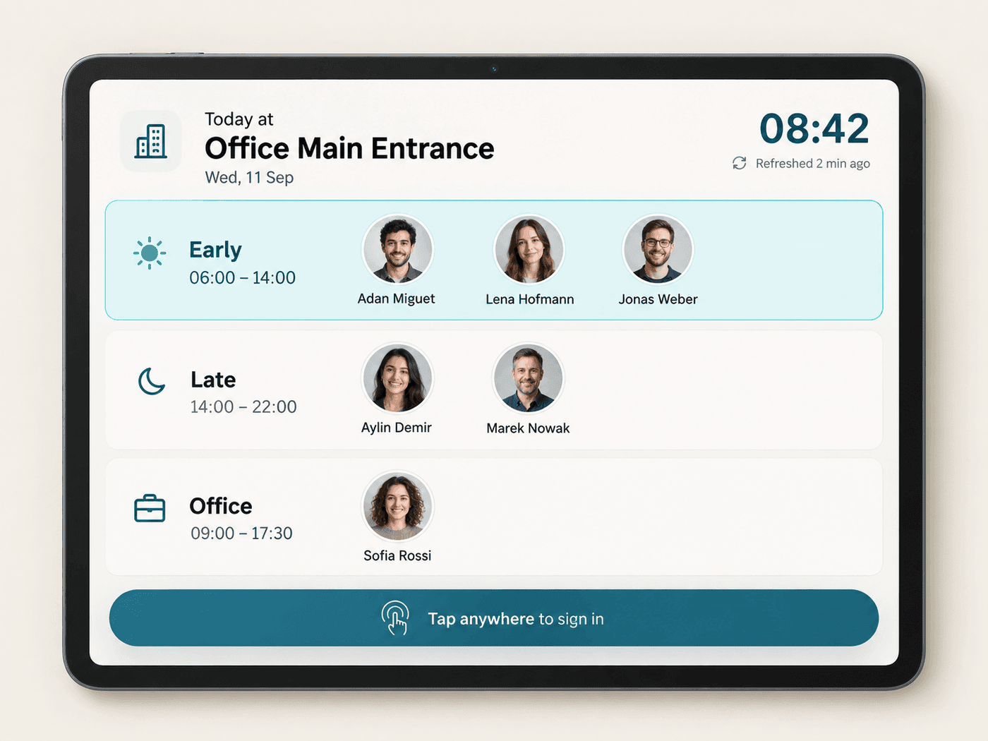 Kiosk idle screen showing today's shift schedule