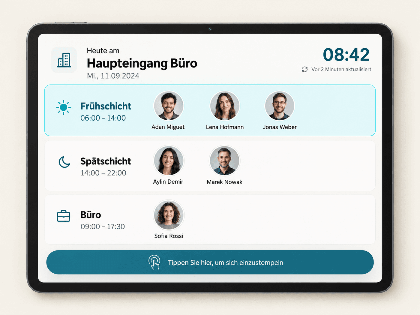 Ruhebildschirm des Terminals mit dem heutigen Schichtplan