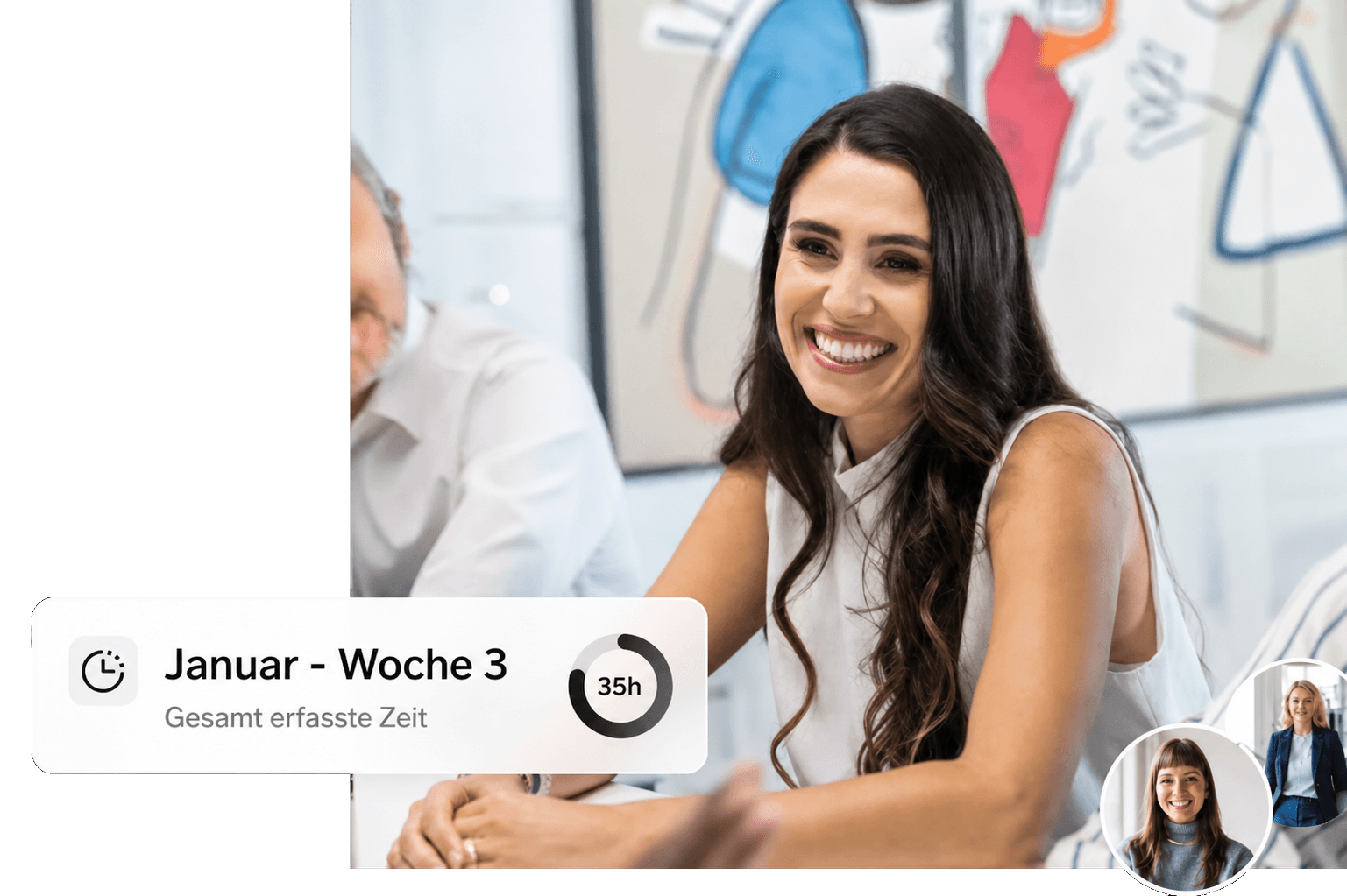 Smiling businesswoman participates in a meeting, an overlay displays '35h' time tracked.