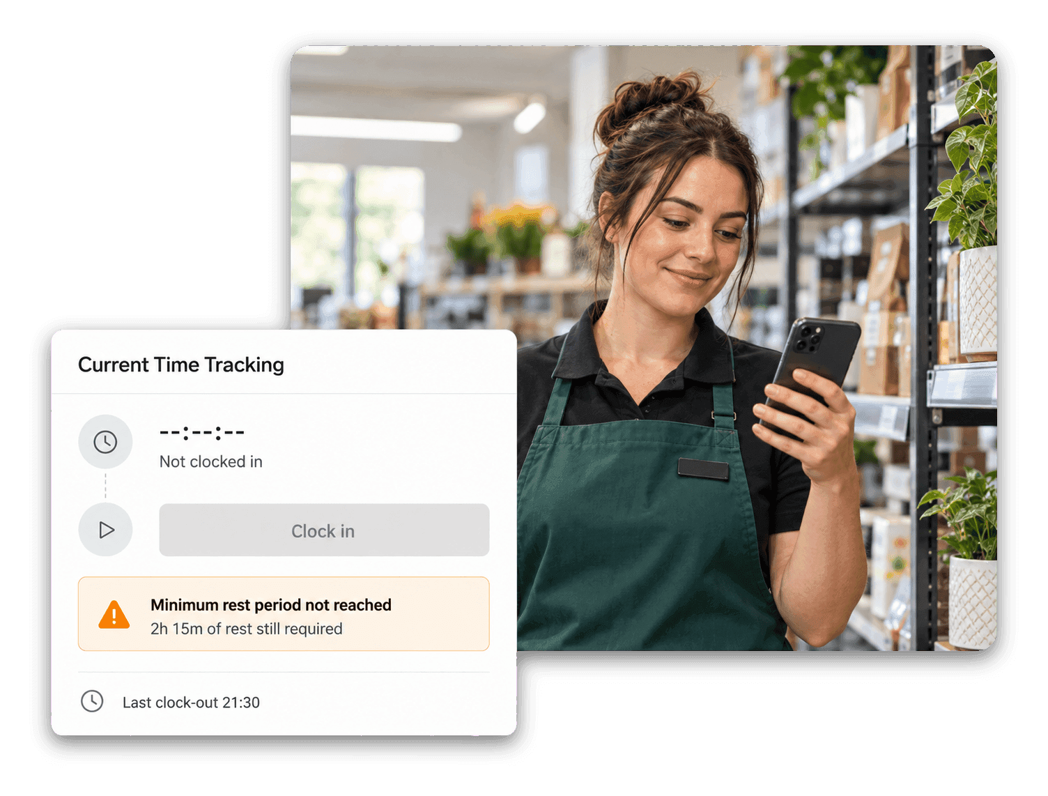 Employee Hub notice showing a clock-in blocked until the minimum rest period is complete