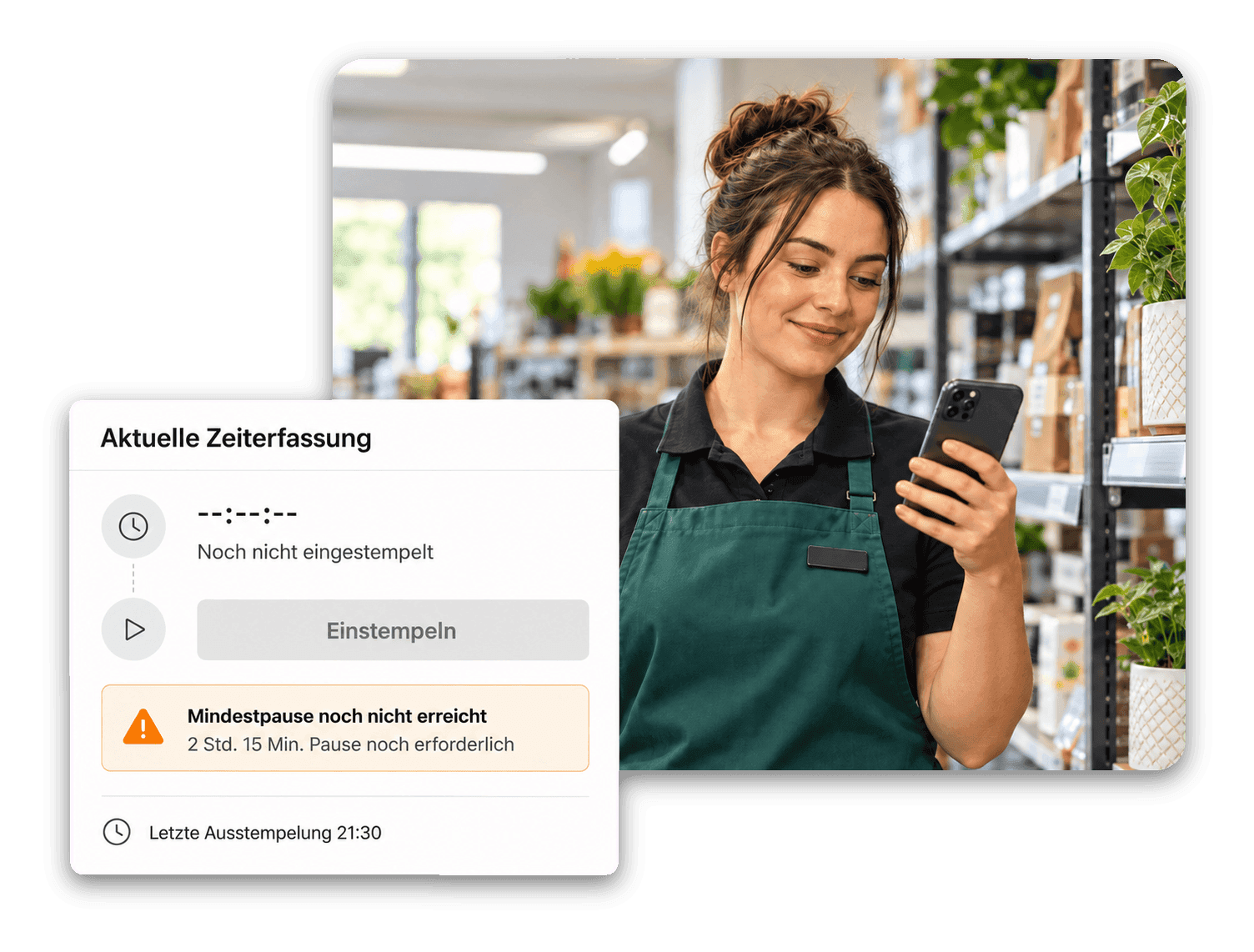 Hinweis im Employee Hub: Einstempeln blockiert, bis die Mindestruhezeit erreicht ist