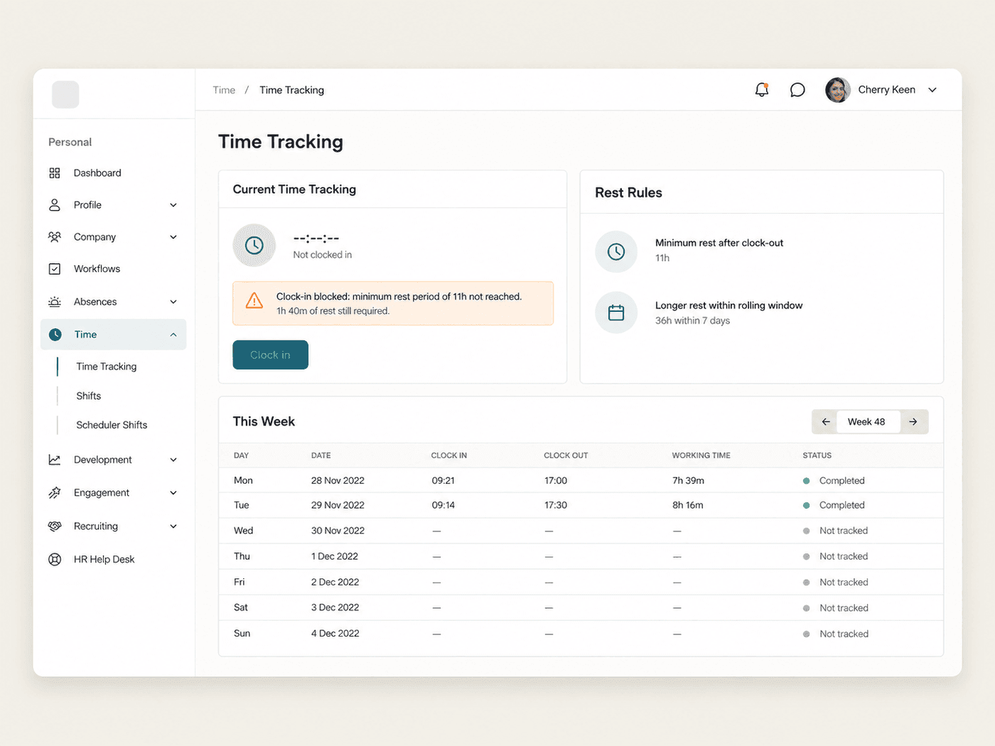 Clock-in blocked in the Employee Hub with the remaining rest time
