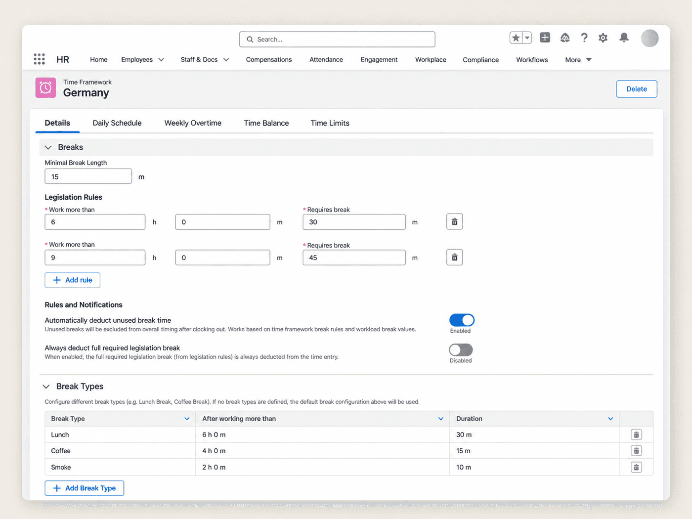 Time Framework break settings with legislation rules and break types