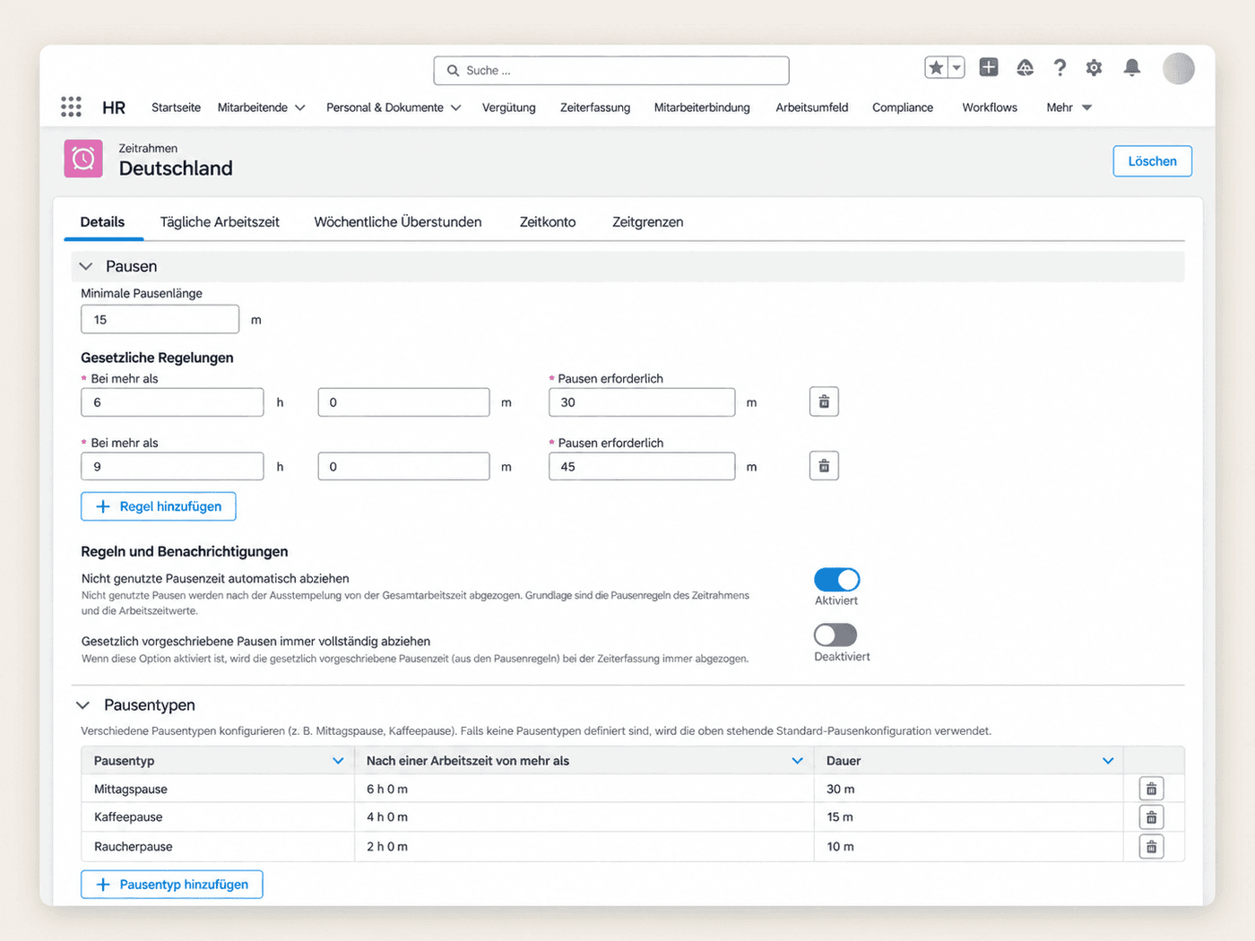 Pauseneinstellungen im Time Framework mit Pausenregeln und Pausenarten
