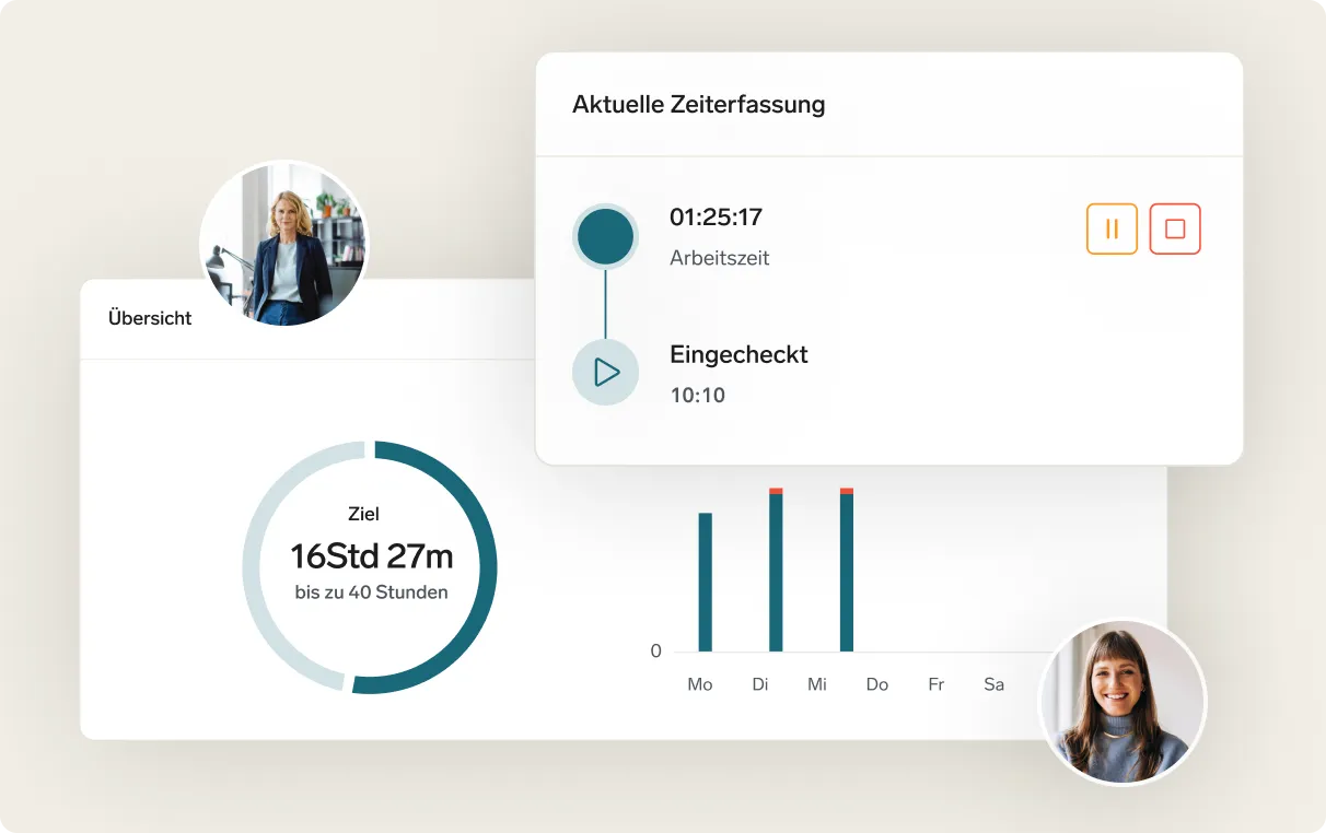 Digital time tracking dashboard showing current session, weekly progress, and daily work hours.